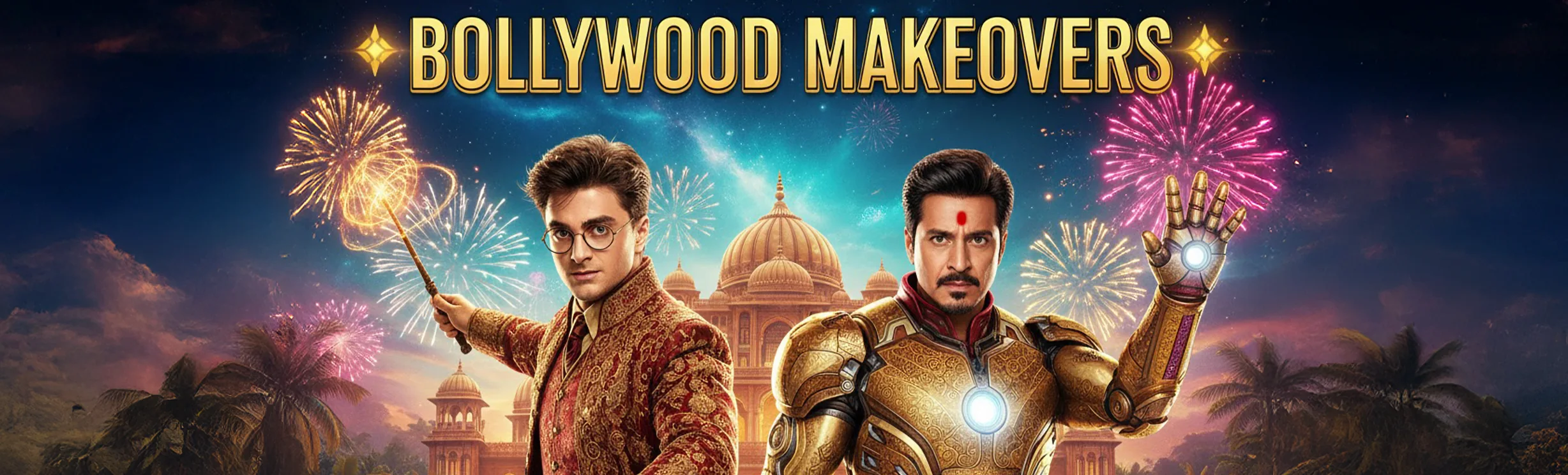 "Bollywood Makeovers" afişi: Harry Potter ve Iron Man Bollywood kıyafetlerinde