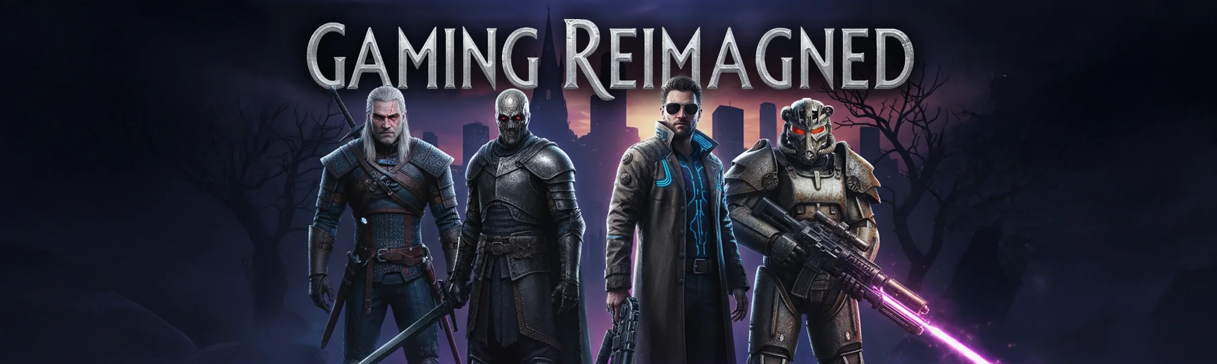 "Gaming Reimagined" afişi: Witcher, Fallout ve Cyberpunk karakterleri